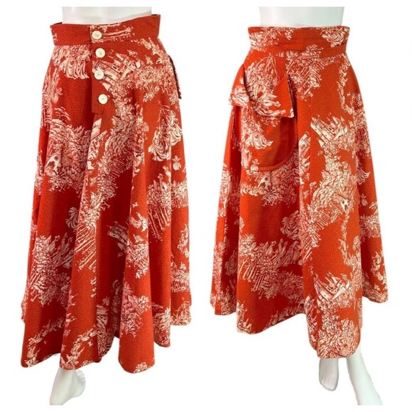 I. Magnin & Co.Importers Vintage c.1950s Toile Skirt Dark Orange & White S/M